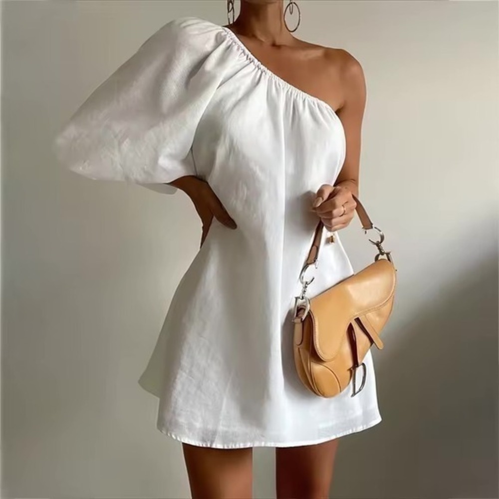 Commense Aegean Cotton Linen One Sleeve Short Dress white size L